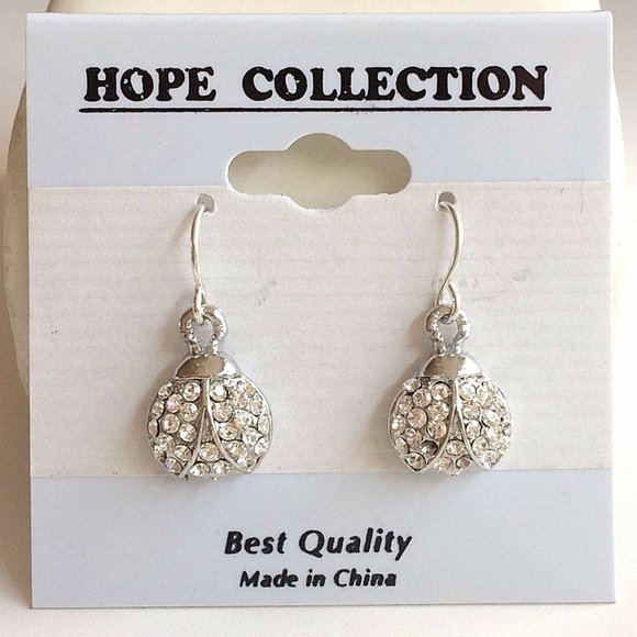 Silver Crystal Ladybug Earrings Sparkly Dainty - Picture 3 of 8